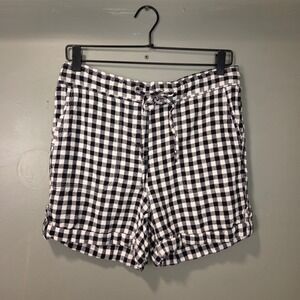 Per se Women's Linen Blend Gingham Plaid Pull On Shorts Size M Black‎ White